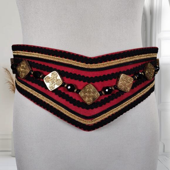 Vintage 80s Southwestern Wide Suede Belt V Front Beaded Santa Fe M main image 7